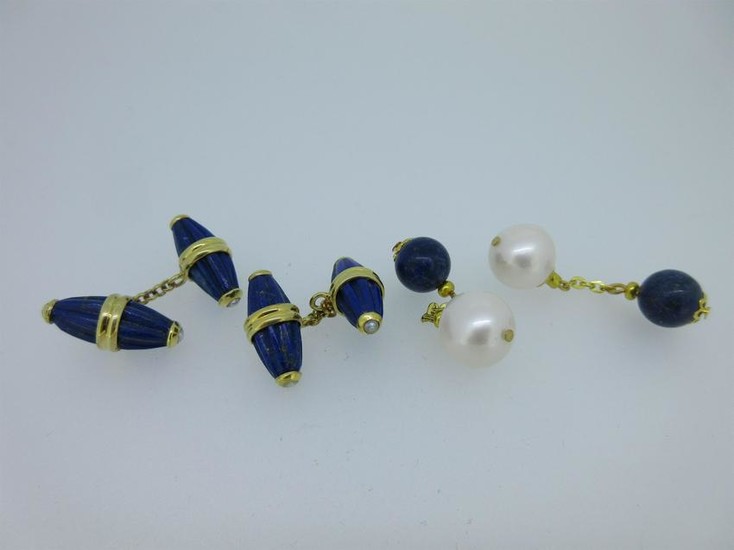 A pair of lapis lazuli and seed pearl cufflinks and a
