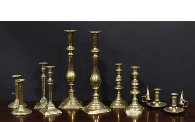 A pair of large Victorian brass baluster candlesticks, cante...
