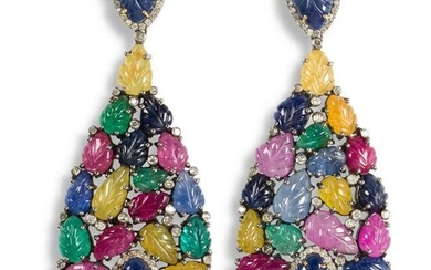 A pair of multi-hued sapphire and diamond earrings