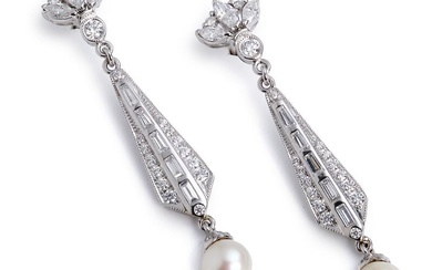 A pair of pearl and diamond ear pendants each set with a cultured pearl, three marquise-cut, five baguette-cut and numerous brilliant-cut diamonds weighing a total of app. 1.47 ct., mounted in 14k white gold. Colour: Top Wesselton (F). Clarity: VS...