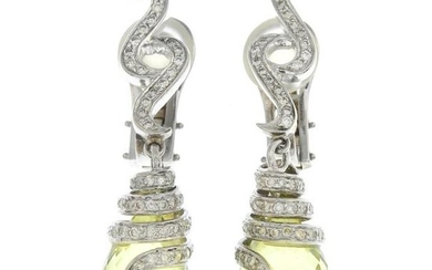 A pair of prasiolite and diamond earrings.Estimated