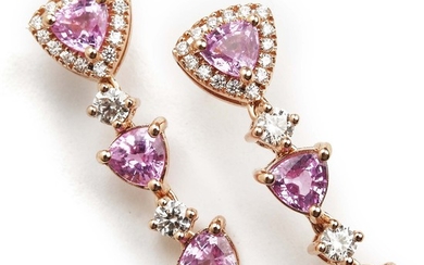 A pair of sapphire and diamond ear pendants each set with triangular-cut pink sapphires and numerous brilliant-cut diamonds, mounted in 18k pink gold.