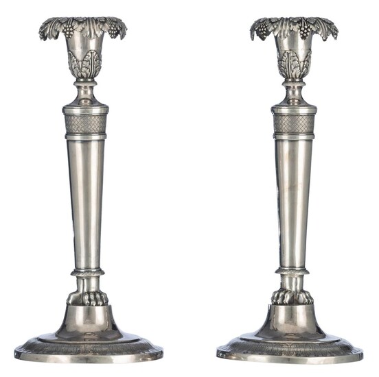 A pair of silver Neoclassical candlesticks, Tournai, 833/000, H 31 cm