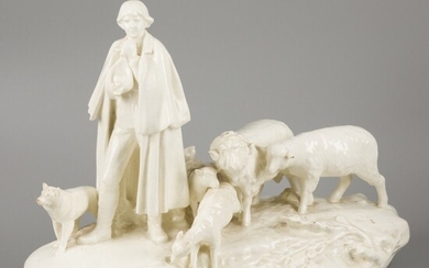 A pale white earthenware sculptural group, shepherd with flock of sheep, H. Schubert, Dux Czechoslovakia,...
