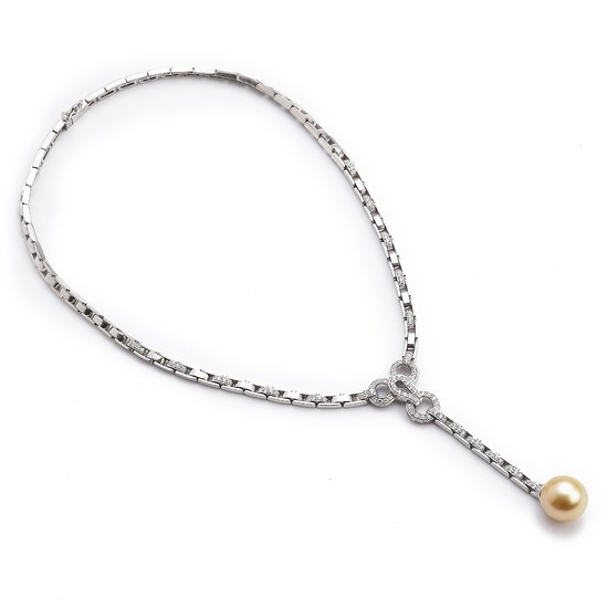 A pearl and diamond necklace with a cultured South Sea pearl and numerous brilliant-cut diamonds weighing a total of app. 1.68 ct., mounted in 18k white gold.