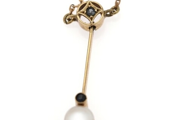 SOLD. A pearl and sapphire necklace set with a cultured pearl and numerous circular-cut sapphires,...