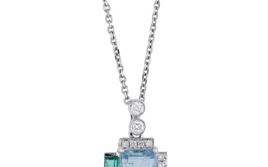 A platinum and gem-set pendant, of geometric design, the step-cut aquamarine set...