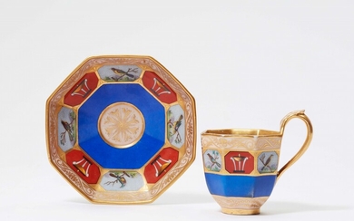 A porcelain cup and saucer with micromosaic birds