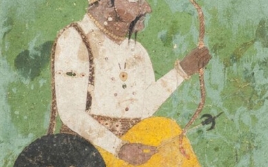 A portrait of a nobleman with bow and arrow, Basohli school, c. 1690, shown seated and barefoot, his shield carried over his shoulder, his bow in one hand and arrow in the other, framed, painting 20 x 15cm. Private Collection UK since the 1980s