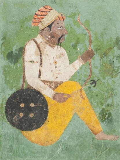 A portrait of a nobleman with bow and arrow, Basohli school, c. 1690, shown seated and barefoot, his shield carried over his shoulder, his bow in one hand and arrow in the other, framed, painting 20 x 15cm. Private Collection UK since the 1980s