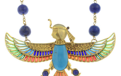 A reconstituted lapis lazuli and plique-a-jour enamel Egyptian motif pendant, on the lapis lazuli bead chain.