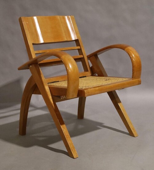 A satinwood and caned folding armchair, late 20th century, 80cm high, 64cm wide