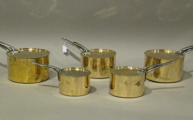 A set of five Victorian copper saucepans by Benham & Froud, each with a steel handle, diameter o