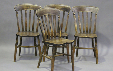 A set of four 19th century beech and elm kitchen chairs, height 90cm, width 45cm.