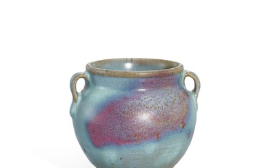 A small Junyao purple-splashed handled jar, Jin dynasty 金 鈞窰天藍釉紫斑雙繫小罐