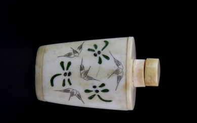 A small mid 20th Century hand decorated bone snuff bottle, H. 6cm. Condition: good.