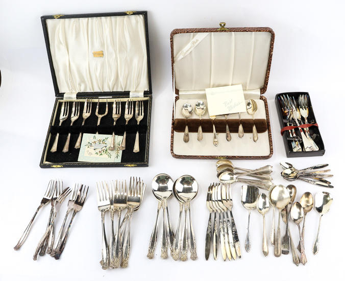A vintage silver plated cutlery assortment, including two boxed sets,...