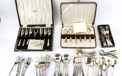 A vintage silver plated cutlery assortment, including two boxed sets,...