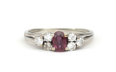 A white gold ruby and diamond ring
