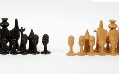 AFRICAN CARVED WOOD CHESS PIECES, 31 PCS