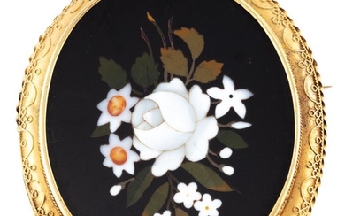AN ANTIQUE 18CT GOLD PIETRA DURA BROOCH 45.5 x 37.5mm central panel featuring a floral bouquet (minor damage) set in a decorative fr...