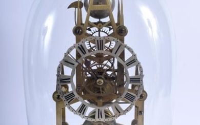 AN ANTIQUE BRASS SKELETON CLOCK within a glass dome.
