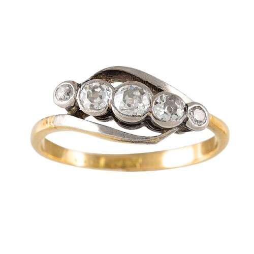AN ANTIQUE FIVE STONE DIAMOND RING, of twist design set with...