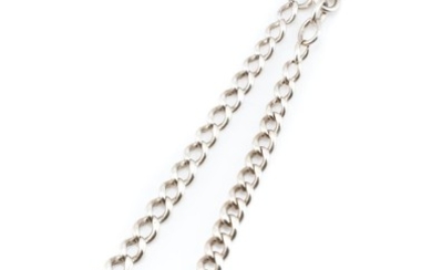 AN ANTIQUE SILVER ALBERT CHAIN; graduated curb links to swivel clasp and T bar, hallmarks rubbed, length 34-37cm, wt. 39.95g.