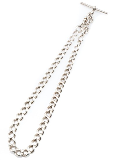 AN ANTIQUE SILVER ALBERT CHAIN; graduated curb links to swivel clasp and T bar, hallmarks rubbed, length 34-37cm, wt. 39.95g.