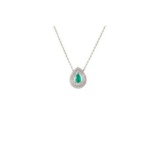 AN EMERALD AND DIAMOND CLUSTER PENDANT, the pear shaped emer...
