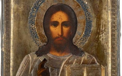 AN ICON SHOWING CHRIST PANTOKRATOR WITH SILVER OKLAD Russia