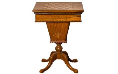 AN ITALIAN SORRENTO FIGURED WALNUT AND MARQUETRY INLAID WORK AND GAMES TABLE, LATE 19TH CENTURY