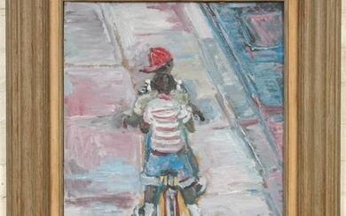 ANDREW TURNER "CHILDREN ON BIKE" OIL ON BOARD