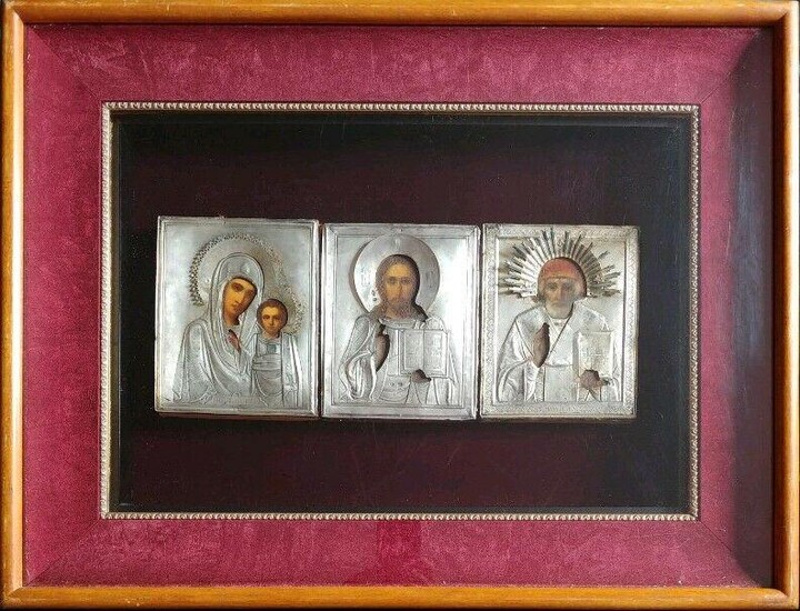 ANTIQUE 19c PAINTED(3) RUSSIANS 84 SILVER ICONS