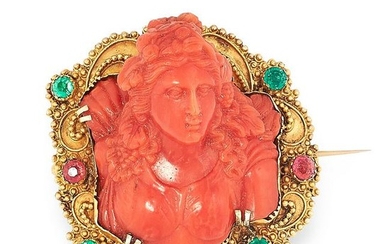ANTIQUE CORAL, EMERALD AND RUBY CAMEO BROOCH, 19TH