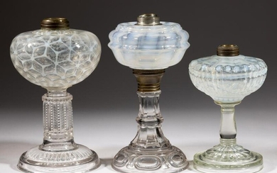 ASSORTED OPALESCENT GLASS KEROSENE STAND LAMPS, LOT OF THREE