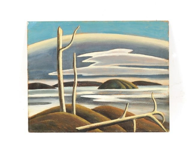 ATT LAWREN STEWART HARRIS (CANADIAN, 1885-1970) OIL ON BEAVERBOARD