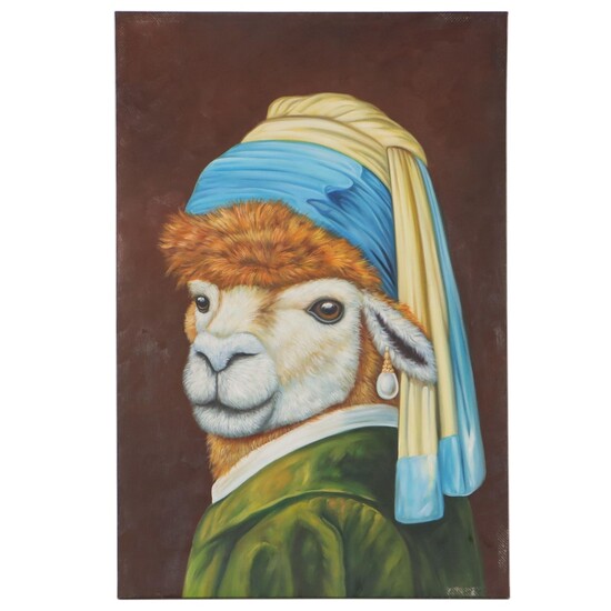 Acrylic Painting "Alpaca With Pearl Earring," 21st Century
