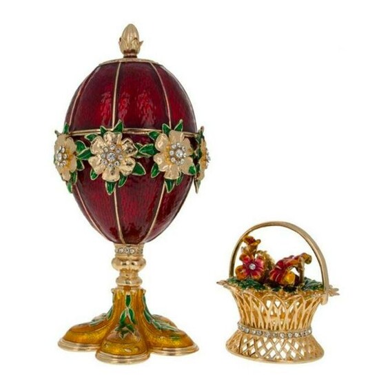 After Faberge, Basket of Flowers Russian Enamel Trinket
