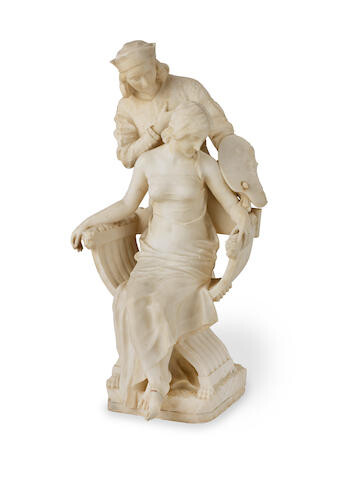 After P. Emilio Fiaschi (Italian, 1858-1941): A carved alabaster figural group of 'The Artist's Muse'