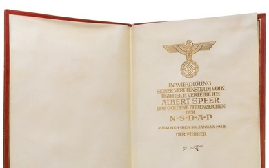 Albert Speer – the large award document for the Golden Party Badge, signed by Adolf Hitler, 30