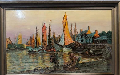 Albert Struebin Fishing Fleet Oil Painting