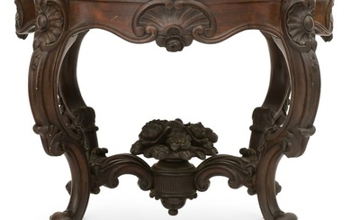 American Rococo Revival Walnut Center Table with Marble Top