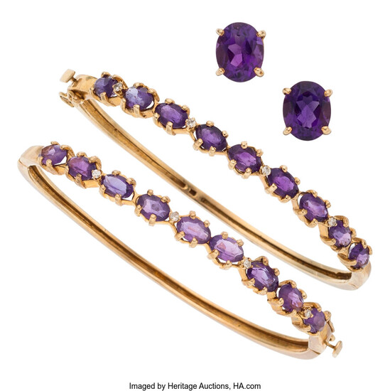 Amethyst, Diamond, Gold Jewelry The lot includes two hinged...