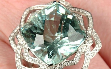 An 18ct gold aquamarine and brilliant-cut diamond floral openwork ring.Aquamarine weight 14.56cts