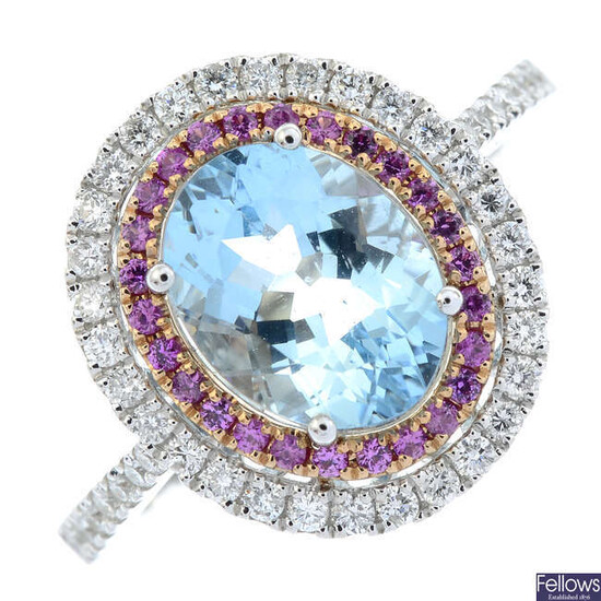 An 18ct gold aquamarine, pink sapphire and brilliant-cut diamond oval-shape cluster ring.
