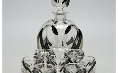 An Art Deco Czechoslovakian glass liqueur set, decanter heig...