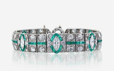 An Art Deco diamond, emerald, and platinum bracelet