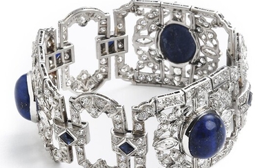 SOLD. An Art Deco lapis lazuli and diamond bracelet with cabochon lapis lazuli, square-cut sapphires and single, old and marquise-cut diamonds, mounted in platinum. – Bruun Rasmussen Auctioneers of Fine Art
