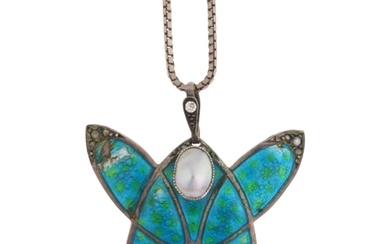 An Art Nouveau pearl and peacock enamel abstract pendant nec...